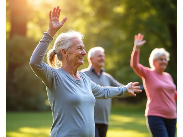 Seniors engaged in light exercise in a park, illustrating active aging.