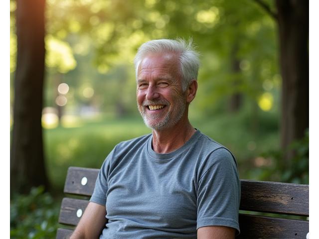 David, 58, looking relaxed and happy outdoors, suggesting anxiety relief.