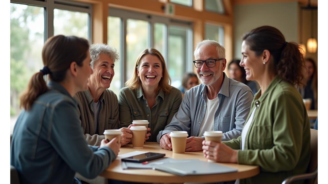Diverse group of adults 35+ smiling and connecting in a modern, light-filled community center, symbolizing active support groups in Portland.