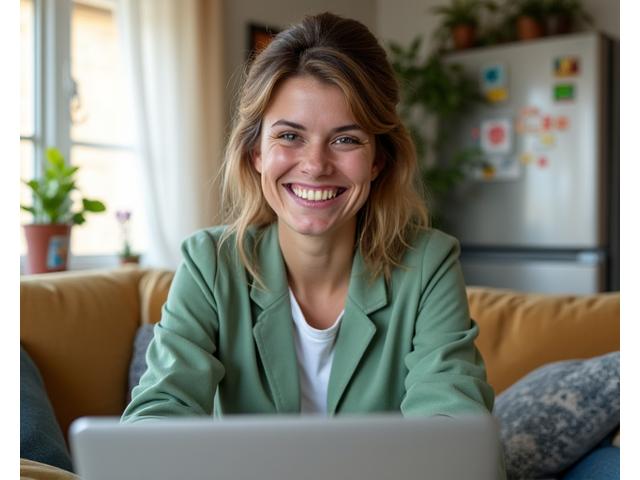 Working parent smiling while juggling laptop and child's toy, representing work-life balance.