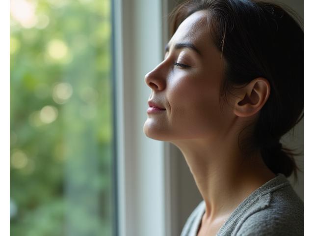 Person meditating calmly outdoors, representing stress management.