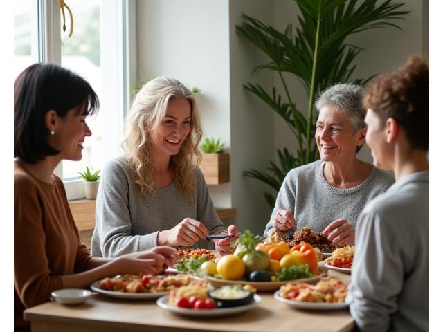 Group of adults discussing healthy eating at a table with fruits and vegetables.