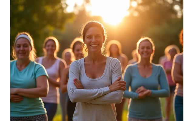 Group of diverse adults participating in an outdoor yoga or meditation class in a park, smiling and relaxed, with Portland-like greenery in the background.