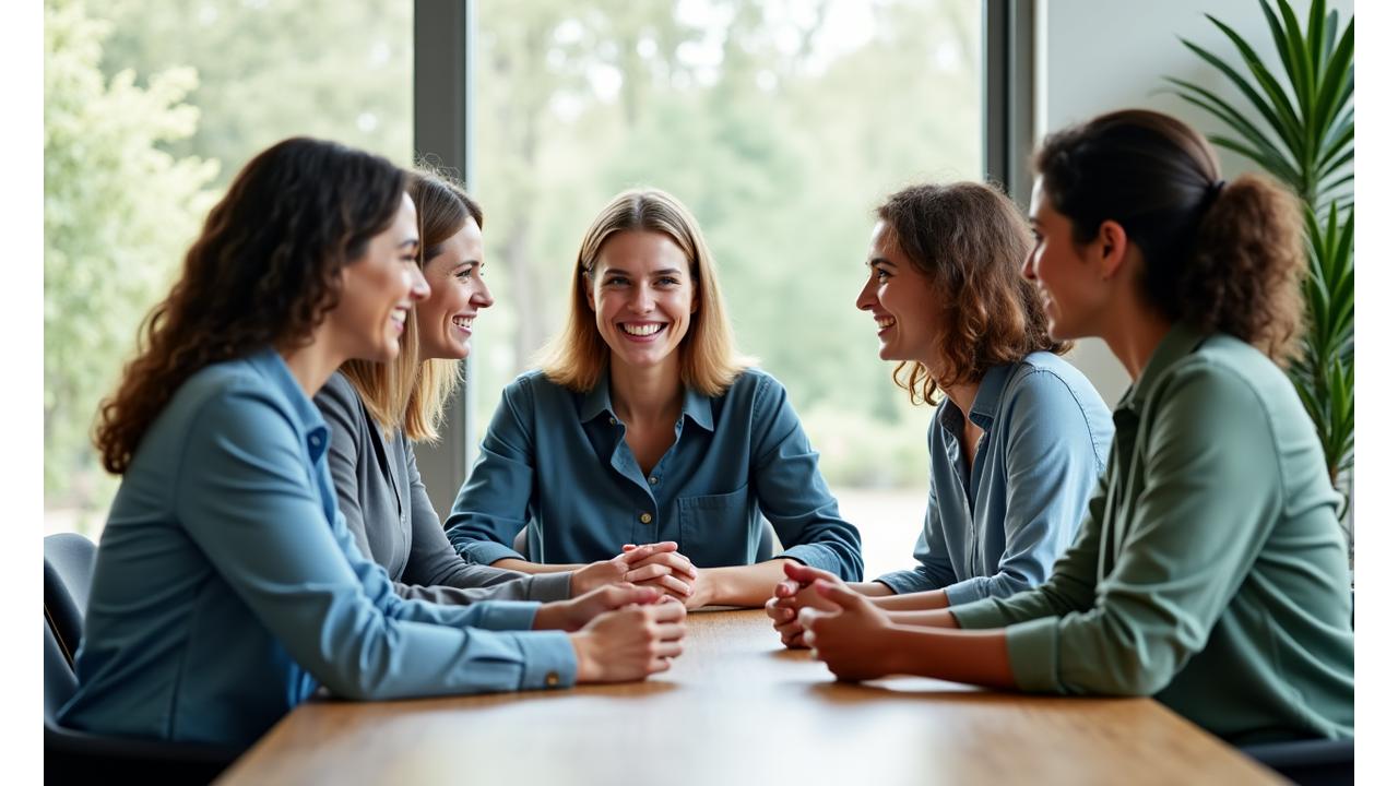 Diverse group of VitaSpire Living wellness experts smiling and interacting with a client in a modern, light-filled office, symbolizing approachable guidance and support.