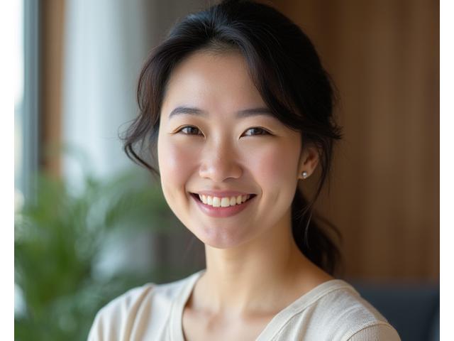 Portrait of Lisa Park, a calm and compassionate woman, possibly East Asian, in a counseling office or peaceful wellness space, conveying empathy.