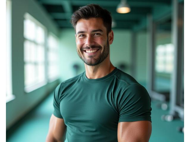 Portrait of Marcus Rodriguez, a confident Hispanic man in athletic wear, in a modern gym setting, emphasizing his role as a fitness expert.