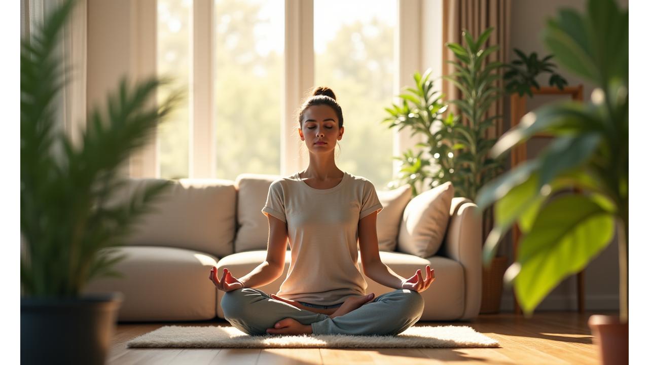 A person in their late 30s or early 40s meditating peacefully in a sunlit, modern living room, surrounded by lush green plants, representing holistic wellness and mental clarity.