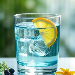 A clear glass of water with ice and a lemon slice, glistening in soft light, symbolizing refreshing hydration and purity, set against a blurred background of healthy fruits and vegetables.