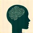 Abstract icon representing mental wellness: interconnected gears and calming waves within a head silhouette