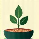 Abstract icon representing nutrition: a stylized green leaf sprouting from a balanced bowl of ingredients