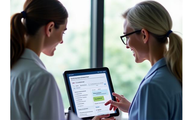 A VitaSpire health coach explaining fitness data on a tablet to a smiling adult client in a well-lit, professional office setting