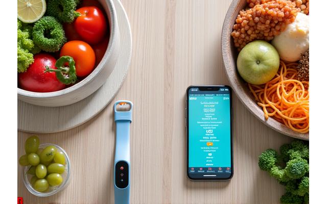 Overhead view of a balanced, healthy meal next to a fitness tracker and a smartphone showing integrated nutrition and fitness data