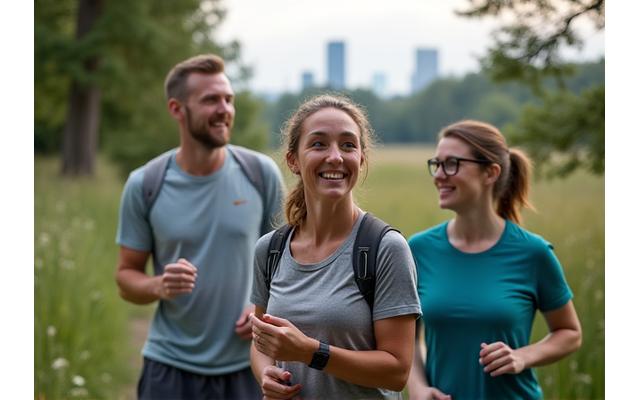 A diverse group of adults 35+ enjoying an outdoor activity in a scenic Portland park, with fitness trackers visible, overlaid with a subtle map graphic
