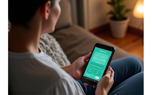 Person relaxing with a mindful expression, holding a smartphone showing recovery metrics and sleep data, in a calm, contemporary setting