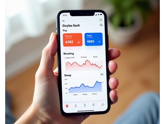 A mobile phone screen displaying a clean, modern digestive symptom tracking app interface with charts showing energy levels, mood, and bloating over time, with clear data points for food intake.