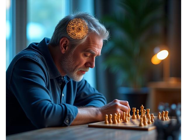 Person engaged in thoughtful activity like chess, with abstract brain waves, symbolizing cognitive vitality
