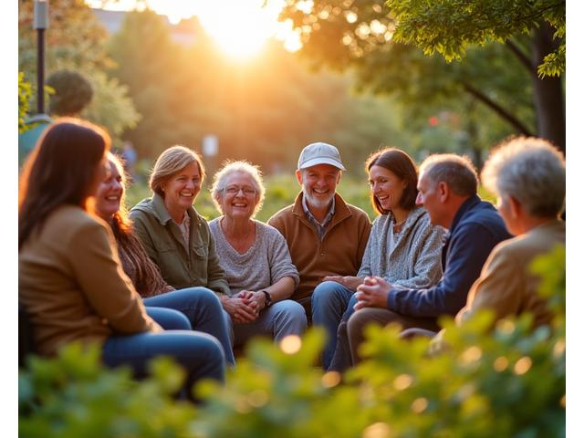 Group of multi-generational individuals engaging in joyful conversation in green urban space, symbolizing strong social bonds