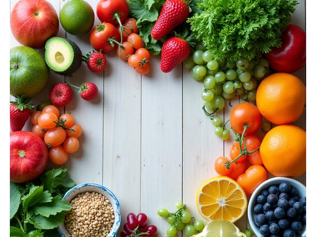 Vibrant, colorful array of fresh fruits, vegetables, nuts, and healthy grains, symbolizing balanced longevity diet