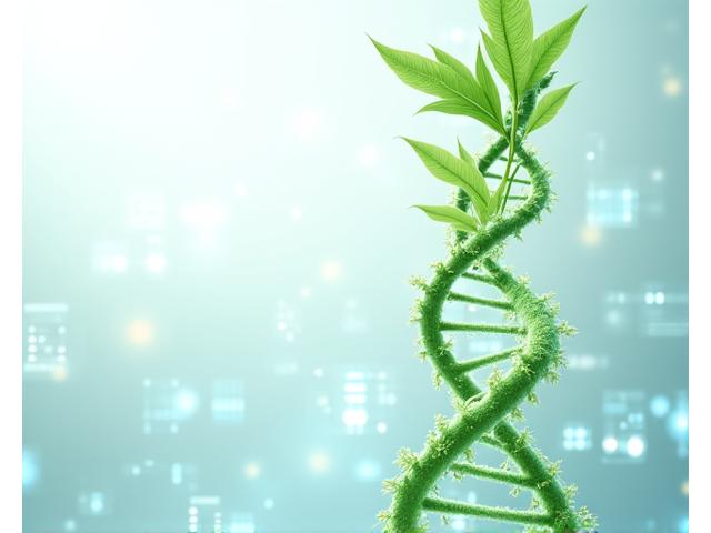 Illustration of intertwined DNA helix and leaf, symbolizing cellular health and natural longevity