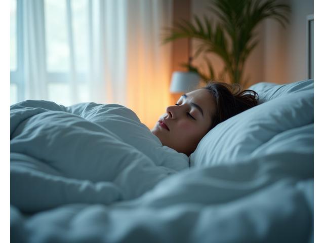 Peaceful bedroom scene with soft lighting, a person sleeping soundly, symbolizing restful recovery