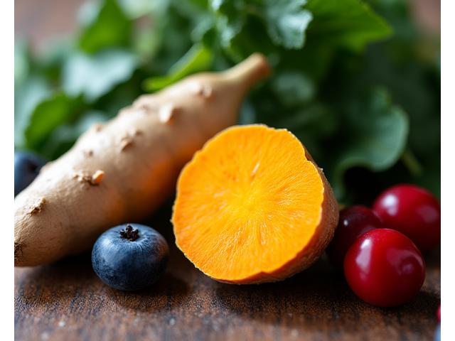 A close-up of fresh ginger, turmeric, and vibrant greens, representing anti-inflammatory foods.