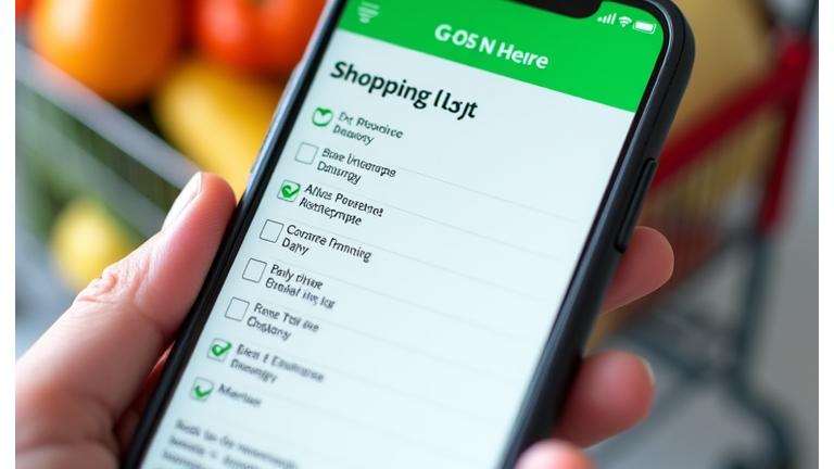 A smartphone display showing an organized digital shopping list with items categorized by store aisle and estimated prices.