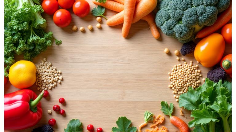 A diverse assortment of healthy ingredients and recipe cards, some labeled gluten-free or plant-based.