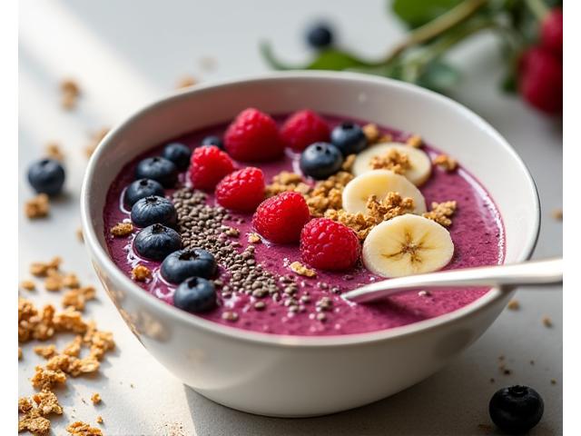 A colorful breakfast smoothie bowl with berries, nuts, and seeds, representing sustained energy.