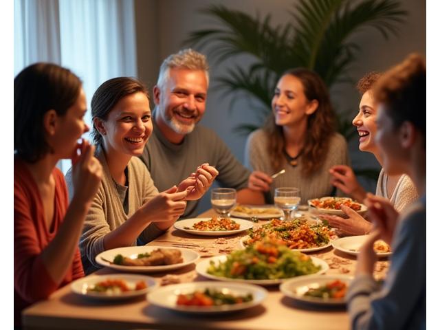 A family enjoying a healthy, home-cooked meal together at a dinner table, smiling.