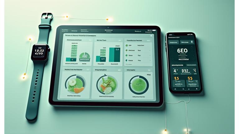 A multi-device display showing fitness tracker data synchronizing with a nutrition planning dashboard on a tablet and smartphone.