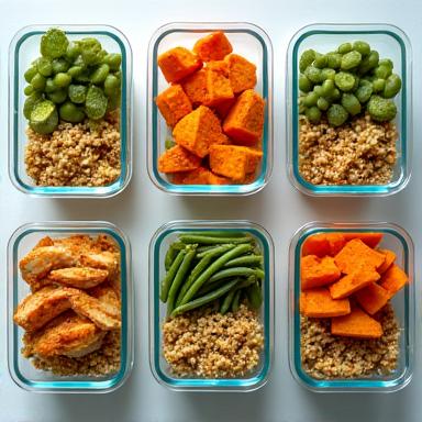 Overhead view of various meal prep containers filled with healthy food.
