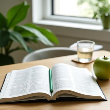 A textbook opened to a page on nutrition, with a fresh apple and a glass of water nearby, symbolizing learning and health.