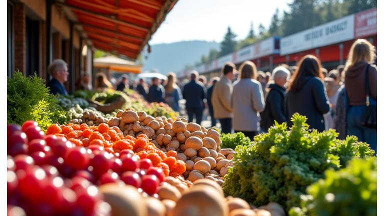 A vibrant outdoor farmers market in Portland, Oregon, with fresh produce stalls and lively atmosphere.