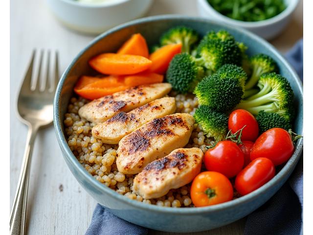 A vibrant, healthy meal bowl with grilled chicken, quinoa, and fresh vegetables, symbolizing weight management.