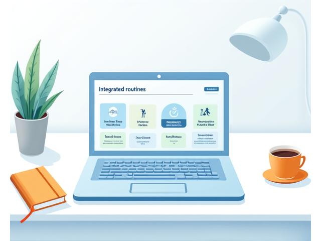 Illustration of a clean, minimalist daily planner interface on a desk, highlighting optimized morning and evening routines with color-coded segments for work, mindfulness, and fitness.