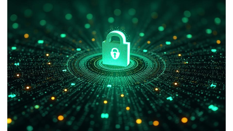 Abstract depiction of digital security, with interconnected secure nodes and a padlock icon, illustrating data encryption and protection.