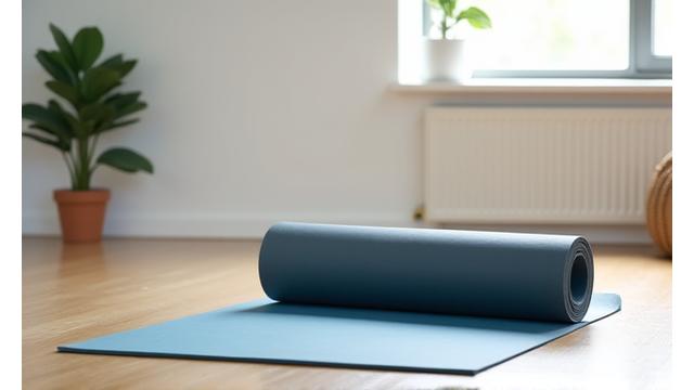 Yoga mat and foam roller on a clean floor