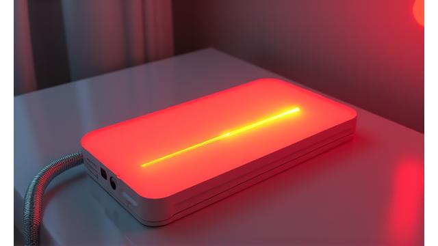 Portable red light therapy device on a bedside table