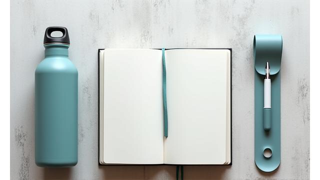 Resistance band, water bottle, and journal on a light background