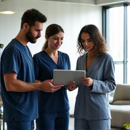 Group of diverse health experts reviewing data on a tablet
