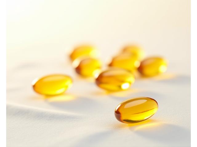 Omega-3 fish oil capsules scattered on a white surface