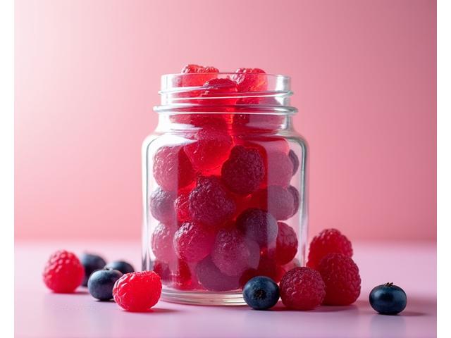 Probiotic gummies in a jar with berries
