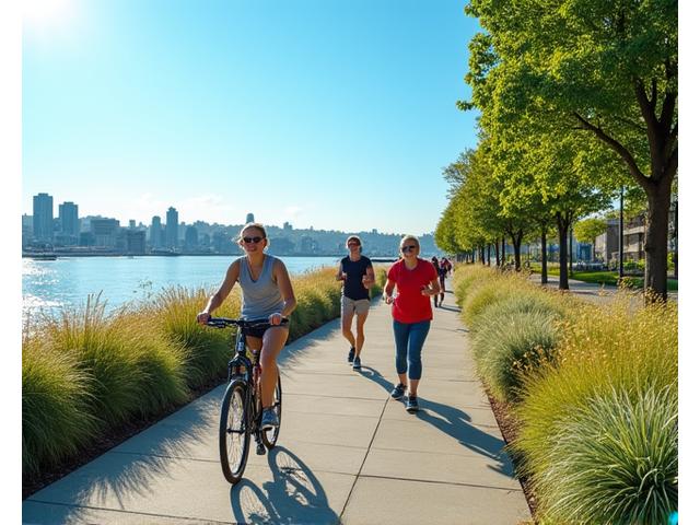 People enjoying activities around Portland's waterfront, clear sky