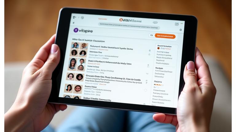 Diverse group of adults engaged in a lively online community forum, shown on a tablet screen, with discussion threads and profile pictures