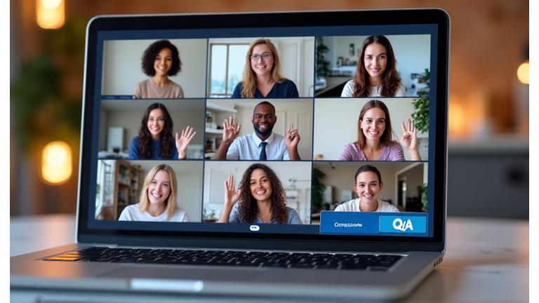 Diverse group of adults participating in a live Q&A session on a webinar screen, with chat box visible